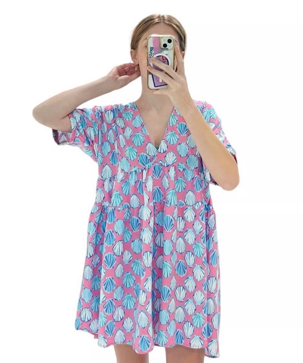 Simply Southern Size Small Mini Shift Dress Pink Blue Shell Print V-Neck Batwing
